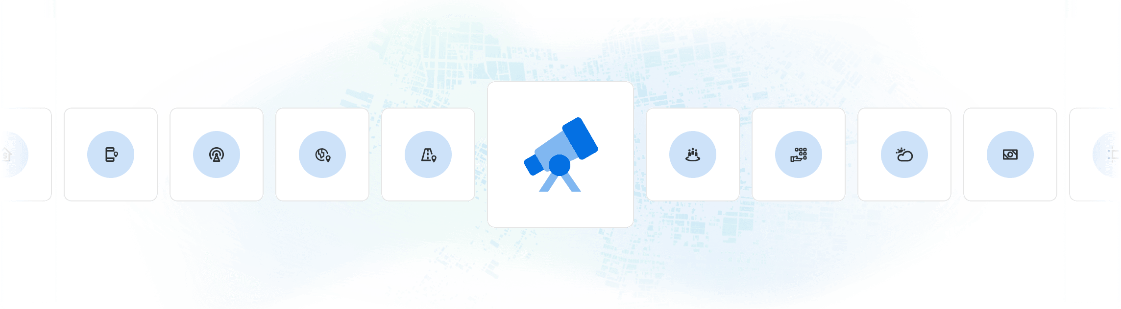 Illustration showing the Data Observatory icon (a telescope) surrounded by icons representing different types of datasets (demographic, environmental, behavioural, etc)