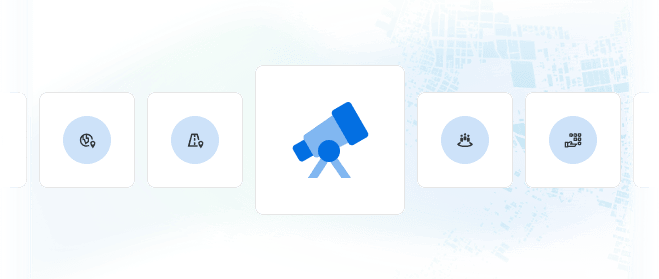 Illustration showing the Data Observatory icon (a telescope) surrounded by icons representing different types of datasets (demographic, environmental, behavioural, etc)